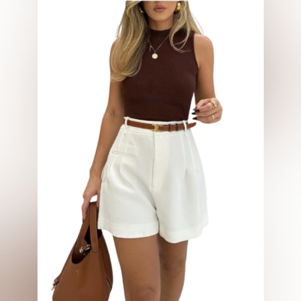 Commense Semi-Sheer Mid Rise Belted White Lined Lightweight Shorts